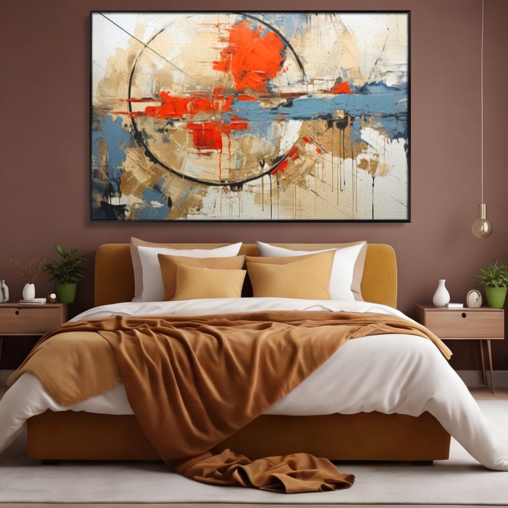 Tablou canvas cu pictura abstracta cu cerc negru si pete rosii, in rama de aluminiu negru, pe perete intr-un dormitor